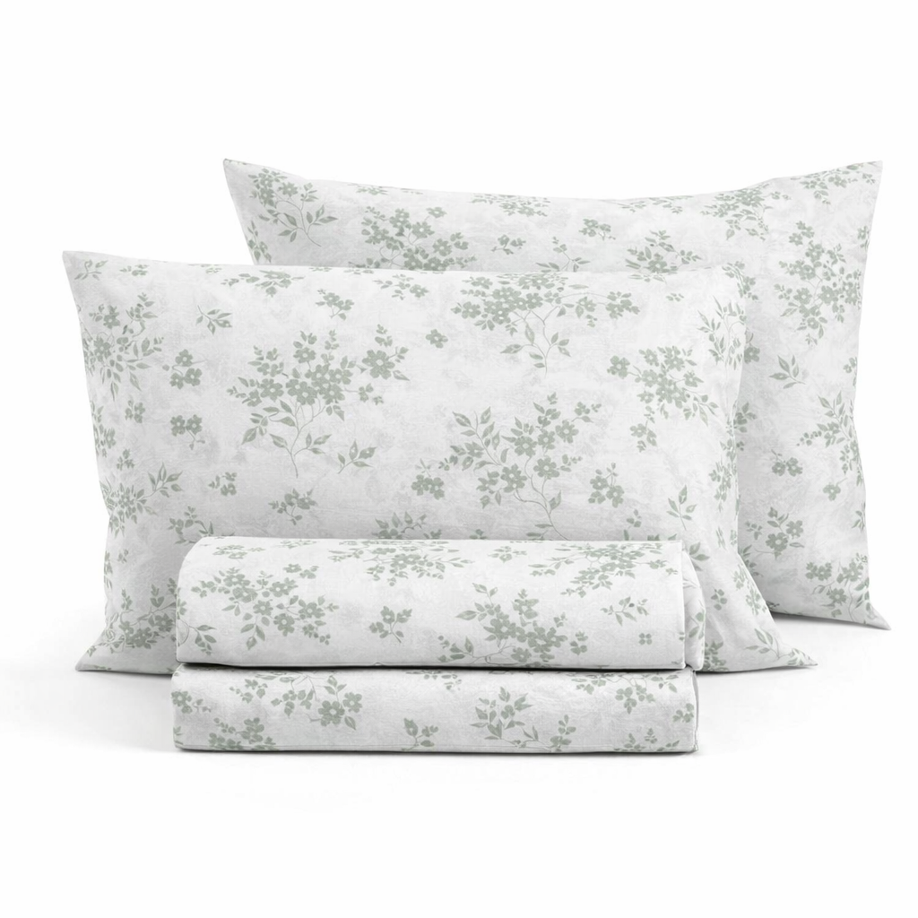 Σετ Σεντόνια Λευκά Minimal Floral με Γκριζοπράσινο - Easy Iron