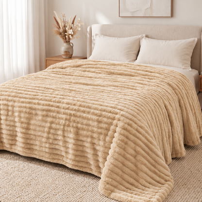 Κουβέρτα Γούνα Ριγέ Υπέρδιπλη 220×240 cm Μπεζ– 3 kg