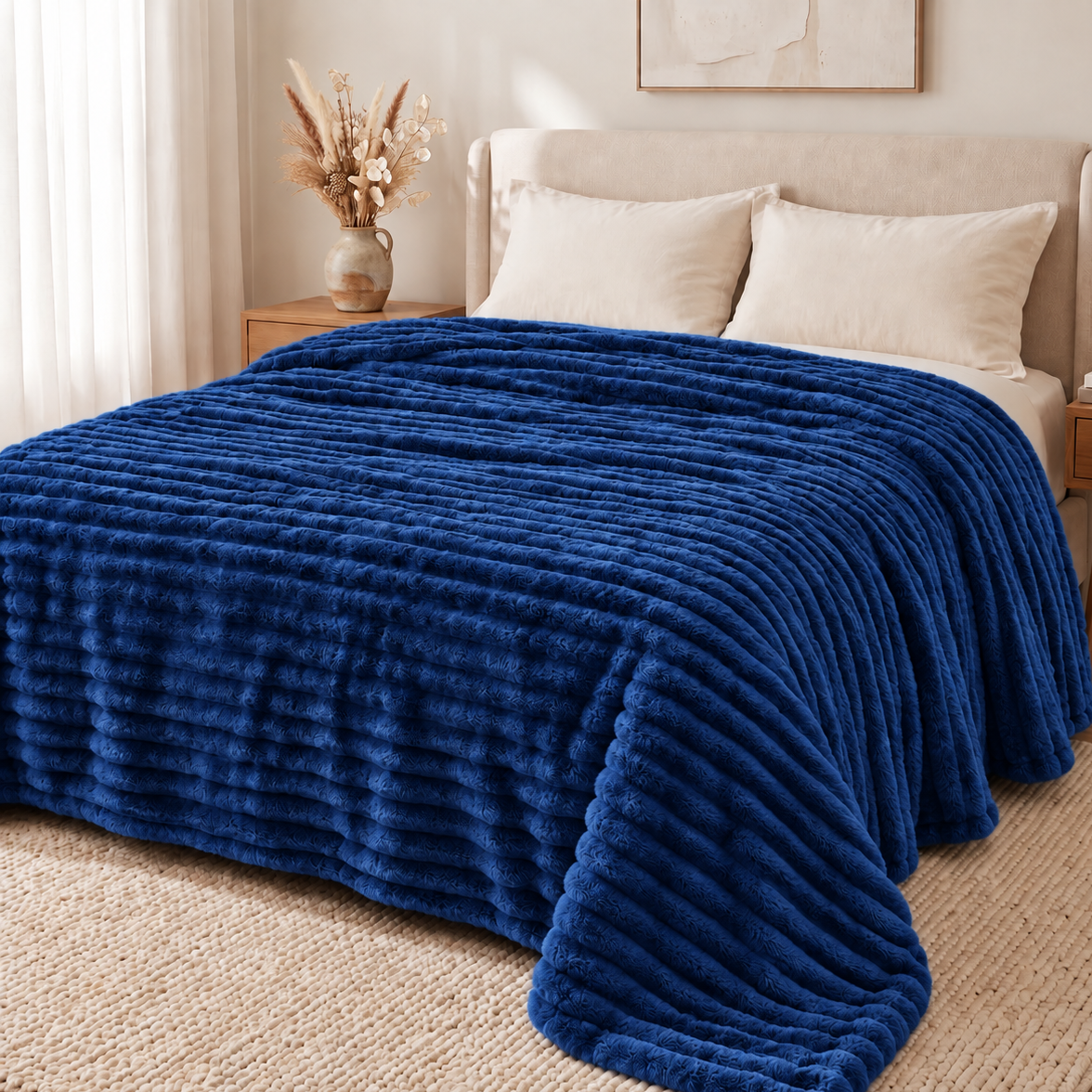 Κουβέρτα Γούνα Ριγέ Υπέρδιπλη 220×240 cm Μπλε– 3 kg