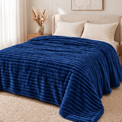 Κουβέρτα Γούνα Ριγέ Υπέρδιπλη 220×240 cm Μπλε– 3 kg