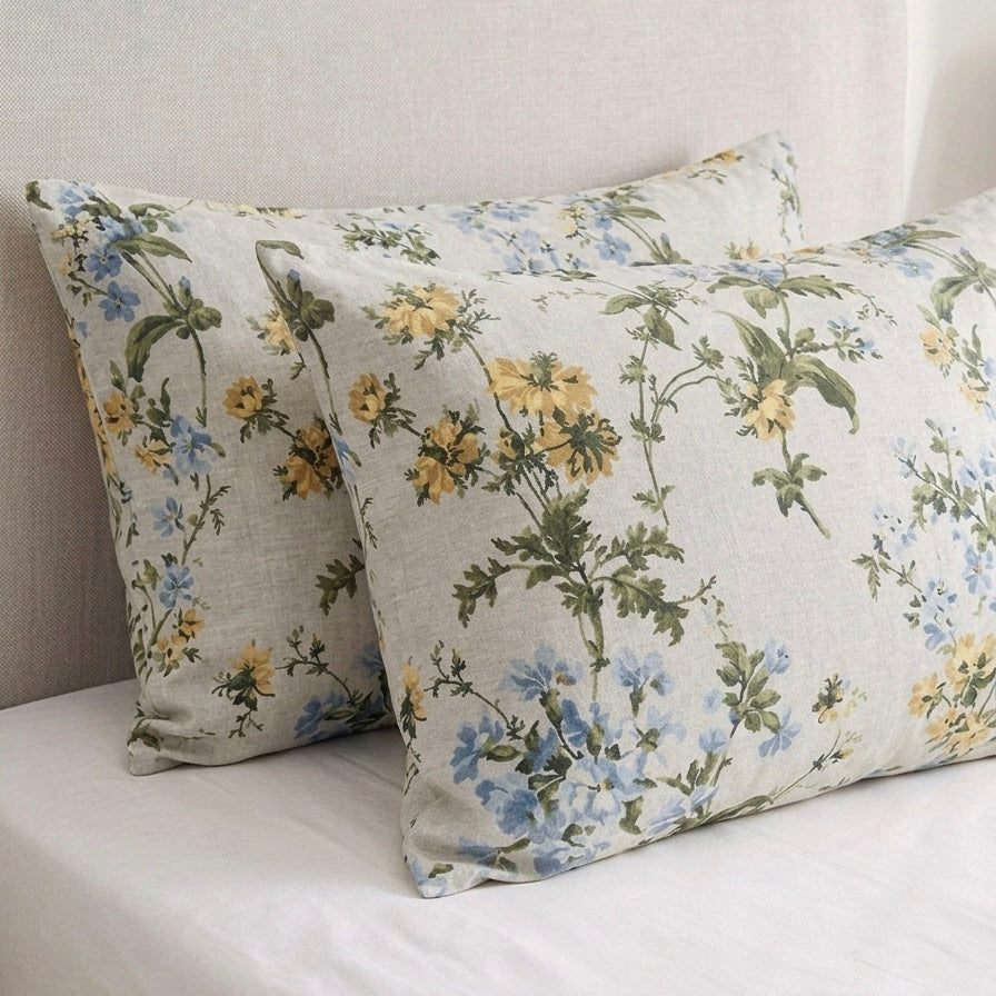 Βαμβακερές Μαξιλαροθήκες 50x70 Floral Μπλε Κίτρινο – Σετ 2 Τεμαχίων