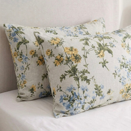 Βαμβακερές Μαξιλαροθήκες 50x70 Floral Μπλε Κίτρινο – Σετ 2 Τεμαχίων