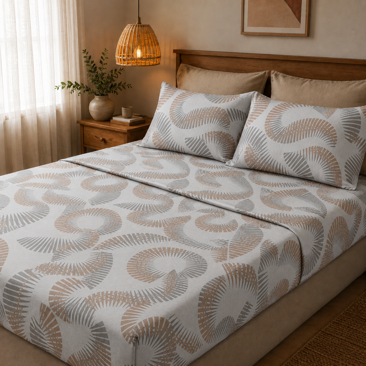 Σετ Σεντόνια Polycotton 80/20 με Γεωμετρικά Φύλλα σε Μπεζ & Γκρι