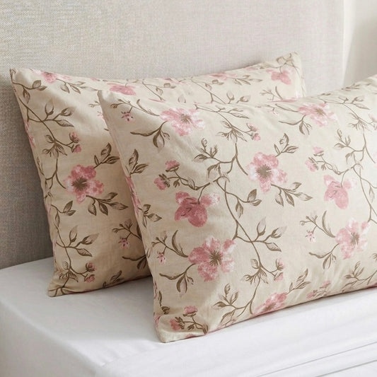 Βαμβακερές Μαξιλαροθήκες 50x70 Μπεζ Ροζ Floral – Σετ 2 Τεμαχίων