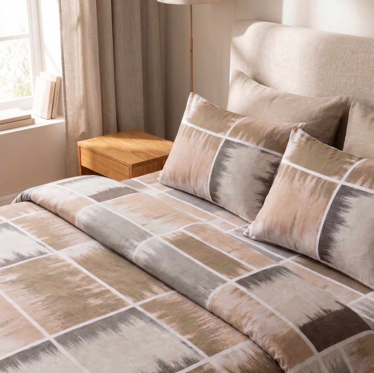 Σετ Σεντόνια Polycotton 80/20 με Γεωμετρικό Καρό Σχέδιο Μπεζ – Γκρι