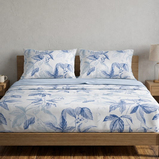 Σετ Σεντόνια Polycotton Φλοράλ Γαλάζιο Φύλλα