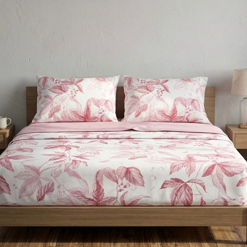 Σετ Σεντόνια Polycotton Φλοράλ Ροζ Φύλλα