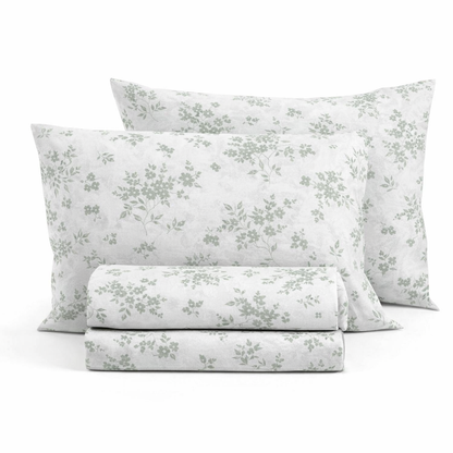 Σετ Σεντόνια Λευκά Minimal Floral με Γκριζοπράσινο - Easy Iron
